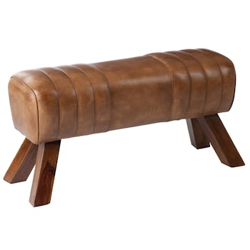 Banc en bois et cuir cognac style gym 87x30x46cm FOREST