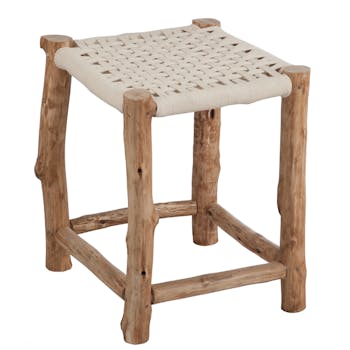 Tabouret en bois, assise macramé beige 40x40x52cm