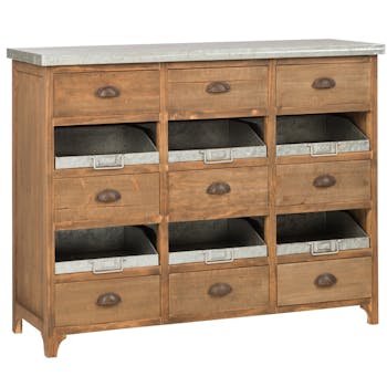 Commode vintage bois 9 tiroirs 6 caisses métal 115x41x90 cm ref.30022870