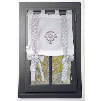 Rideau vitrage blanc romantique brodé ruban à nouer gris 80x160cm 100% coton MELINE