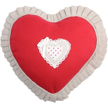 Coussin coeur rouge brodé et dentelle contour plissé beige 30cm VERONE ROUGE