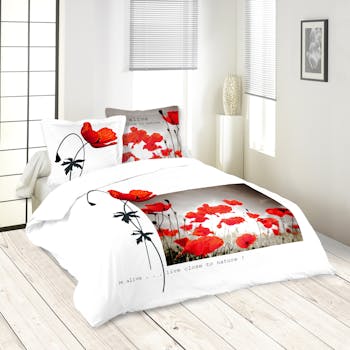 Parure de lit Pavot 260x240 housse de couette + 2 taies 63x63 100% coton ALIVE