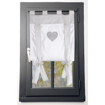 Rideau vitrage romantique rayé écru et gris décor coeur brodé ruban à nouer 45x100cm 100% coton CHINON