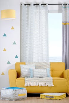 Rideau voilage motifs géométriques bleu jaune gris 135x260cm à oeillets 100% coton ISOCELE CELADON