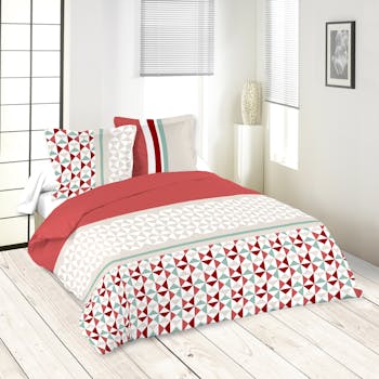 Parure de lit motifs géométriques bleu rouge corail 260x240 housse de couette + 2 taies 63x63 100% coton ISOCELE ROUGE