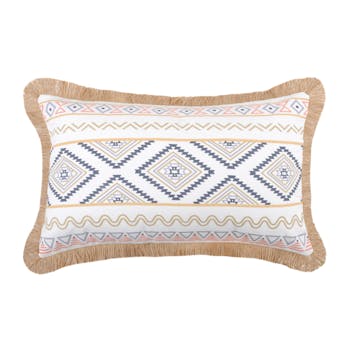 Coussin blanc imprimé géométrique et frange beige 30x50cm en coton ORYLIA