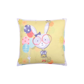 Coussin jaune lapin lunettes et ballons 40x40cm LUCE