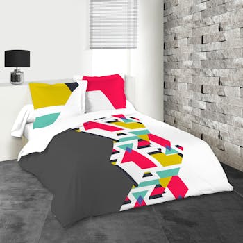 Parure de lit motifs géométriques tons gris, roses et jaunes 260x240 housse de couette + 2 taies 63x63 100% coton STREET