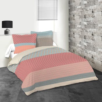 Parure de lit tons rouges, bleus et gris 260x240 housse de couette + 2 taies 63x63 100% coton VALENCIA