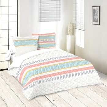Parure de lit blanche motifs roses, bleus et jaunes 260x240 housse de couette + 2 taies 63x63 100% coton ORYLIA