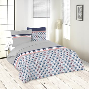 Parure de lit motifs éventails 240x220 housse de couette + 2 taies 63x63 100% coton RISEN