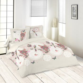 Parure de lit beige motifs florals colorés 260x240 + 2 taies 63x63 100% coton GIULIA