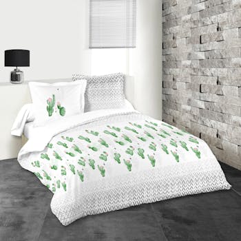 Parure de lit motifs cactus 260x240cm housse de couette + 2 taies 63x63cm DUOMA