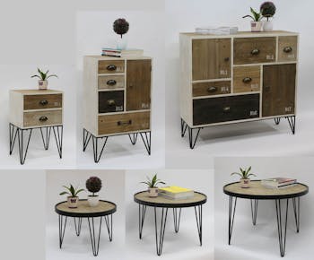 Table ronde D50cm plateau bois cerclé métal et pieds métal en épingle D50xH35cm LAZURO