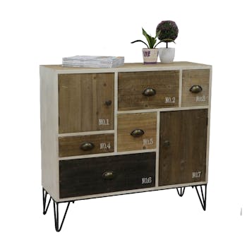Buffet / Commode 5 tiroirs, 2 portes, bois en Patchwork de couleurs et d'effets et pieds métal en épingle 90x32,5x85cm LAZURO