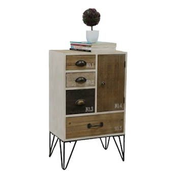 Chiffonnier 4 tiroirs, 1 porte, bois en Patchwork de couleurs et d'effets et pieds métal en épingle 48x32,5x80,5cm LAZURO