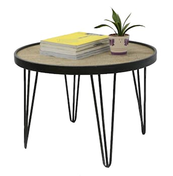Table ronde D65cm plateau bois cerclé métal et pieds métal en épingle D65xH45cm LAZURO