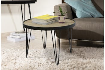Table ronde D79,5cm plateau bois cerclé métal et pieds métal en épingle D79,5xH54,5cm LAZURO
