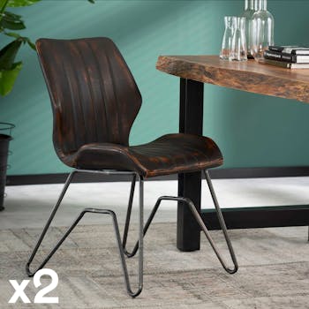 Chaise vintage délavé brun piètement pont MELBOURNE (lot de 2)