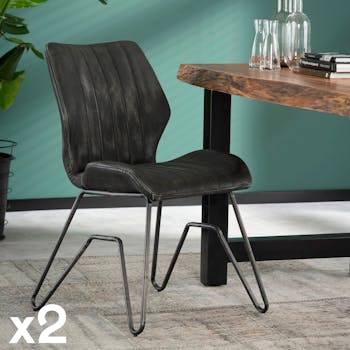 Chaise vintage délavé anthracite piètement pont MELBOURNE (lot de 2)