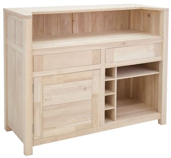 Meuble de Bar Hévéa 1 porte, 2 tiroirs, 4 racks, 2 niches 124x50x105cm ATTAN