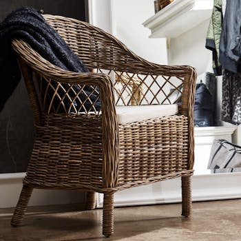Fauteuil / Chaise de salle à manger en rotin motif croisé, coussin 58x83cm ROYAN