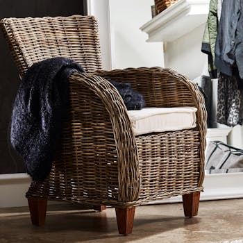 Fauteuil / Chaise de salle à manger rotin accoudoirs ronds coussin 69x90cm ROYAN