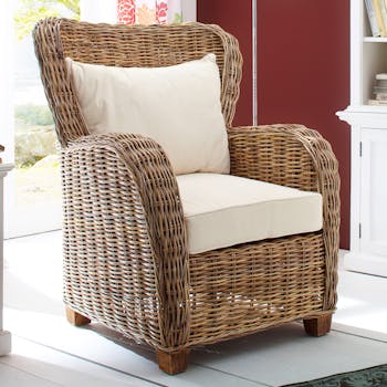 Fauteuil en rotin dossier arrondi avec coussin assise et dos 89x110cm ROYAN