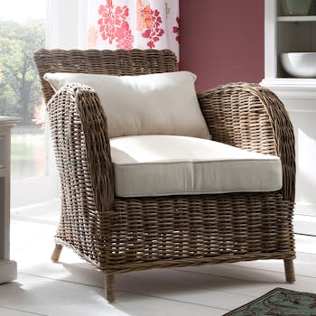 Fauteuil en rotin dossier carré avec coussin assise et dos 82x90cm ROYAN
