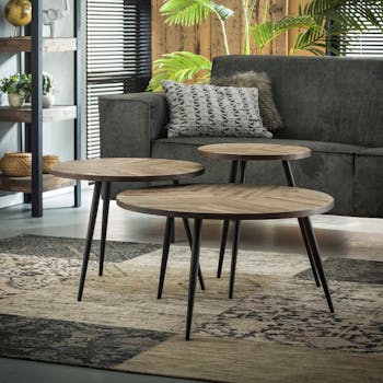 Table de salon ronde teck recyclé grisé JAVA (lot de 3)
