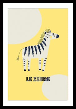 Affiche enfant encadrée zèbre fond jaune