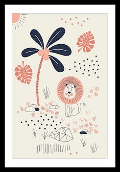 Affiche enfant encadrée lion crinière rose