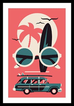 Affiche décorative encadrée vintage fond rouge surf