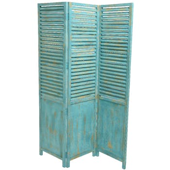 Paravent 3 volets turquoise vieilli en bois de manguier