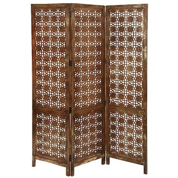 Paravent 3 volets ajouré en bois de manguier brun