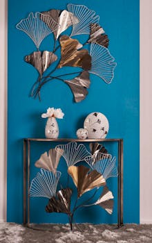 Décoration murale métal feuilles de ginkgo blanc brun