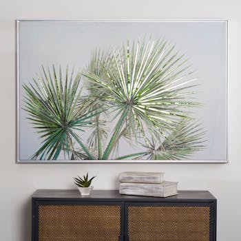 Tableau nature feuilles palmier irisées cadre aluminium