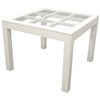 Table de repas carrée Hévéa avec plateau verre posé sur quadrillage bois 100x100x76cm HELENA