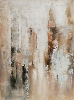 Tableau abstrait beige, brun, argent