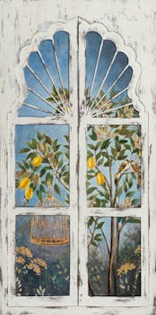 Tableau nature citronnier, oiseaux par fenêtre