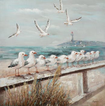 Tableau bord de mer avec mouettes et phare