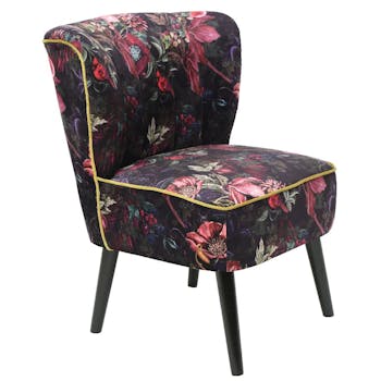 Fauteuil crapaud tissu noir décor floral