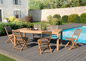 Salon de Jardin Teck Table 220x100 + 6 chaises pliantes BERGEN