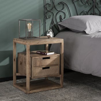 Table de chevet bois de manguier 2 tiroirs suspendus DELHI