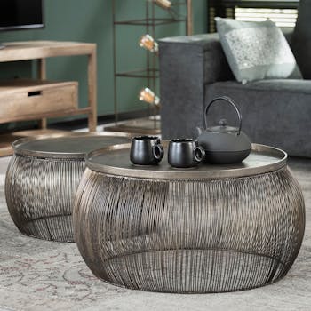 Table de salon ronde métal fil de fer fonte (2 pièces)