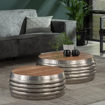 Table basse ronde bois acier motif relief (2 pièces)