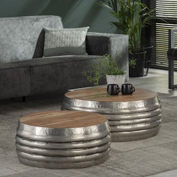 Table basse ronde bois acier motif relief (2 pièces)