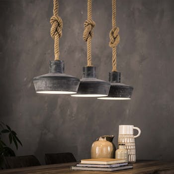 Suspension industrielle corde métal effet béton 3 lampes RALF