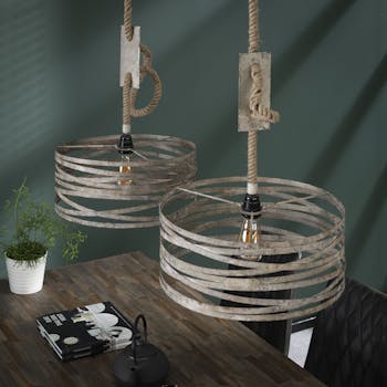 Suspension industrielle 2 lampes effet ruban et corde RALF