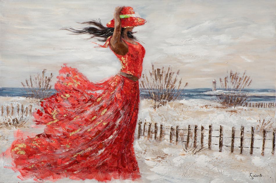  Tableau  de femme  sur la plage en robe rouge Tableaux 